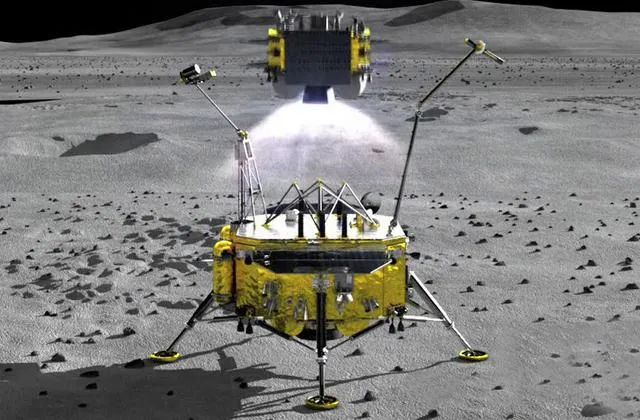 嫦娥五号上升器从月面起飞的想象图,图片来源:新华网